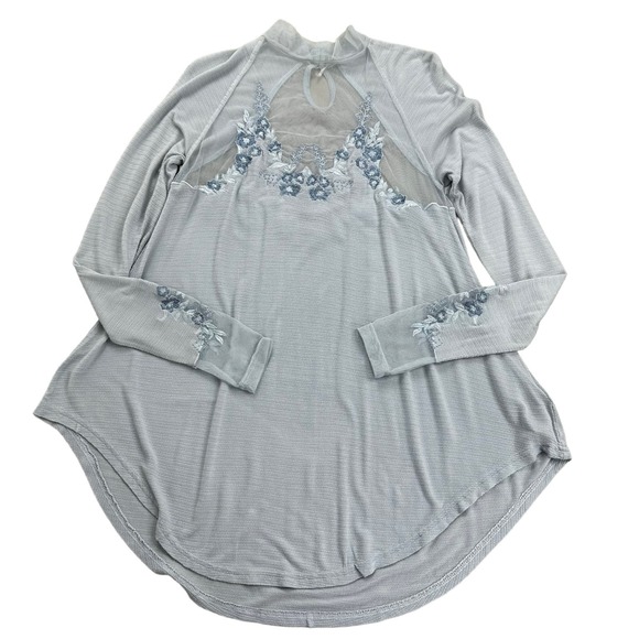 Free People Embroidered Mesh Top Blue Size XS Long Sleeve Semi Sheer Coquette - Picture 10 of 16